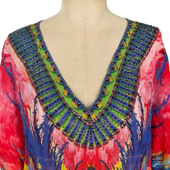 Sakkas Laisson Flowy Hi Low Caftan Rhinestone Boxy V Neck Dress Top Cover / Up - Picture 6 of 13